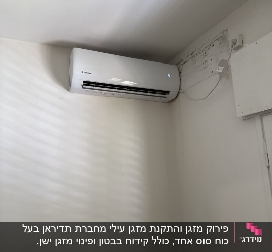 מזגן מותקן על קיר לבן עם חוט חשמל